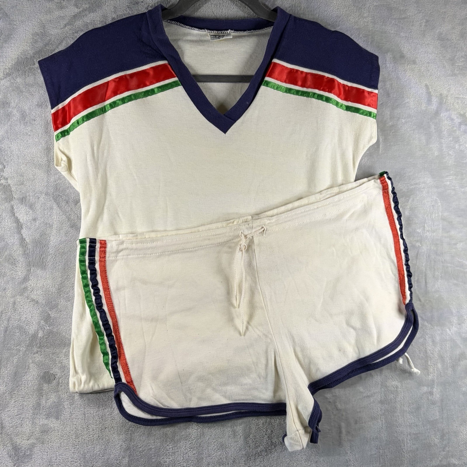 Vintage 70s Pandora Two Piece Set Top Shorts Satin Stripe Colorblock Athletic